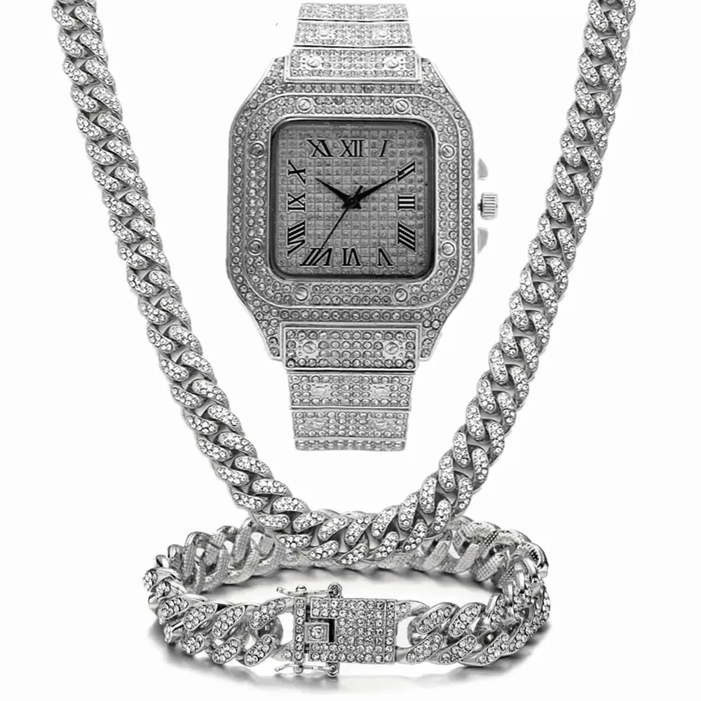 Catene Iced Out Catena Bling Miami Cuban Link Strass Orologio Collane Bracciale Donna Uomo Ciondolo Gioielli Hip Hop Choker_voghion.com