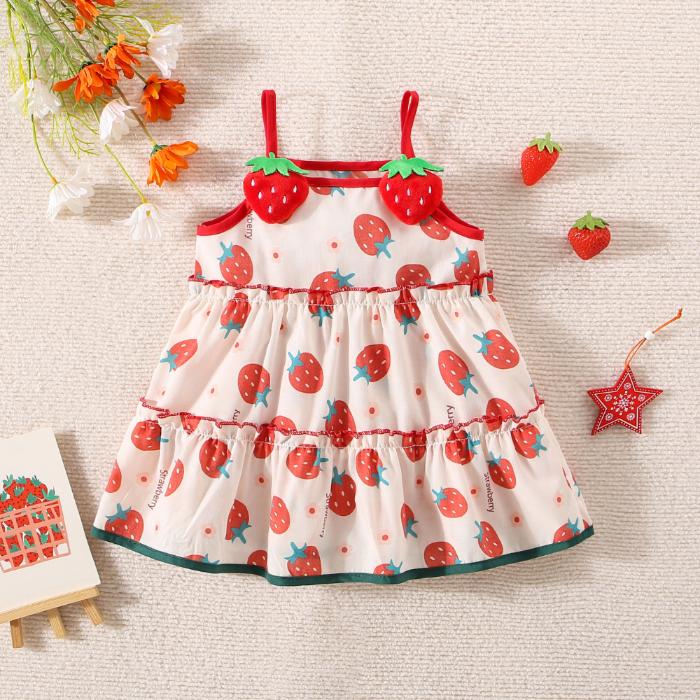 Kleinkind Mädchen Kleid Süße Erdbeere Gedruckt Rot Kleid Mode Kinder Kleidung_voghion.com