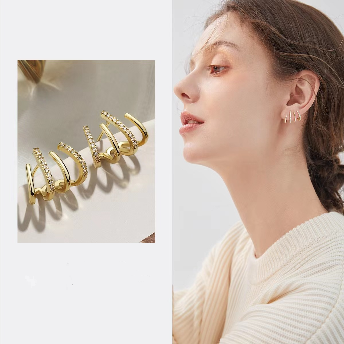temperament multi layer vertical stripe geometric earrings four claw earrings with diamond earrings
