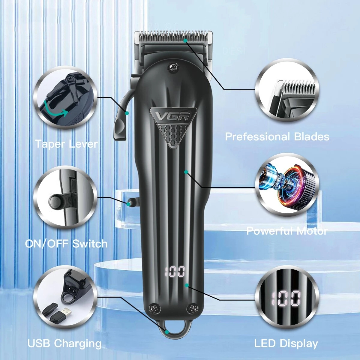 VGR Hair Clipper Professional Hair Cutting Machine Hair Trimmer Adjustable Cordless Rechargeable V 282_voghion.com
