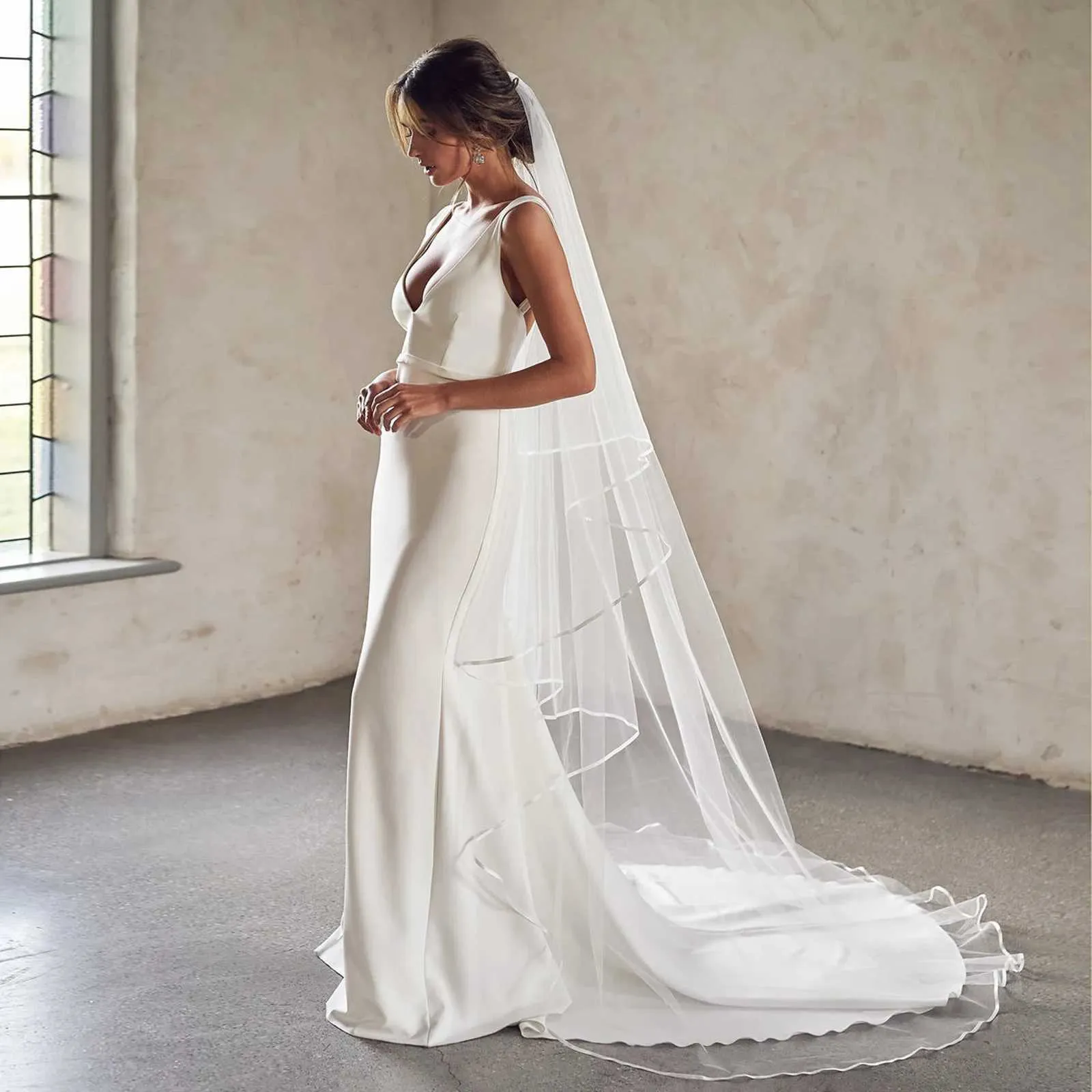 Bijoux de cheveux V97 Voile de mariée élégant à 2 niveaux avec bord en ruban blusher, couverture en tulle souple pour le visage et le mariage_voghion.com
