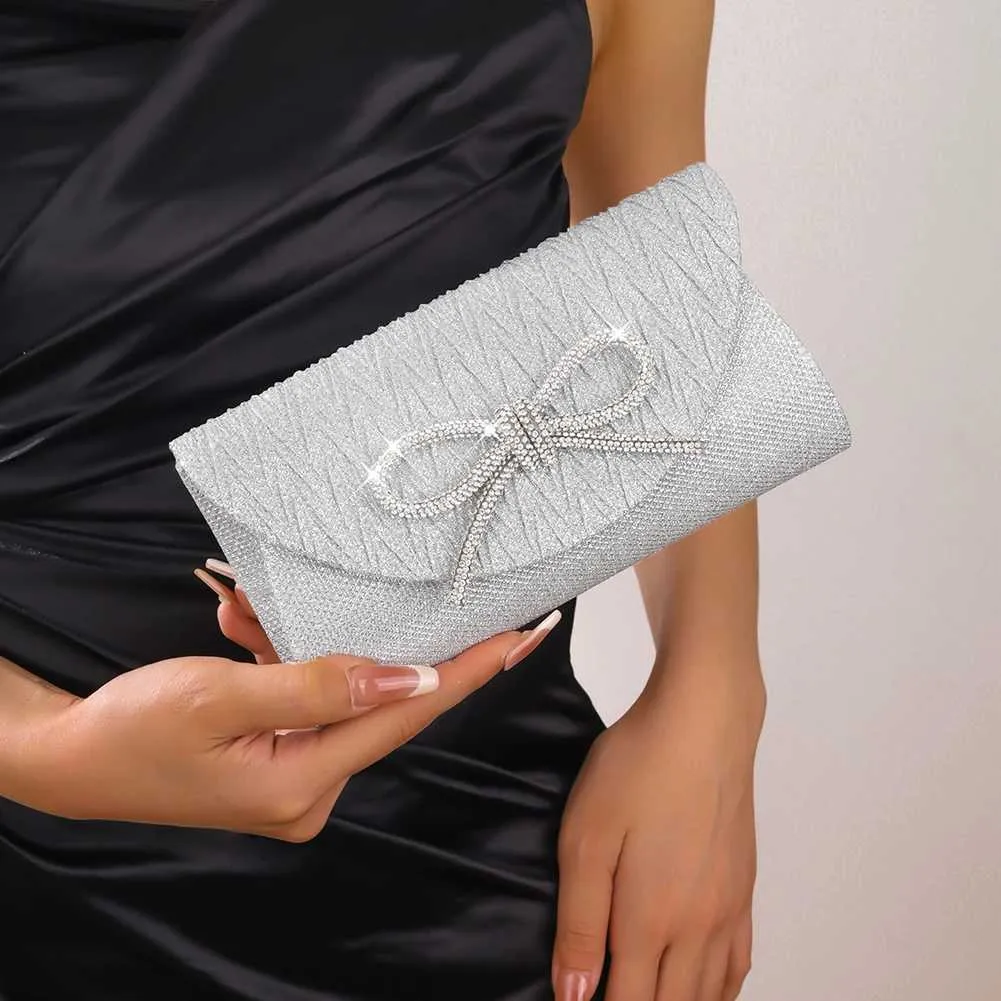 Elegante pochette con fiocco in cristallo scintillante da donna, con busta, per cena, sera, matrimonio, festa, ballo, portafoglio Y241019_voghion.com