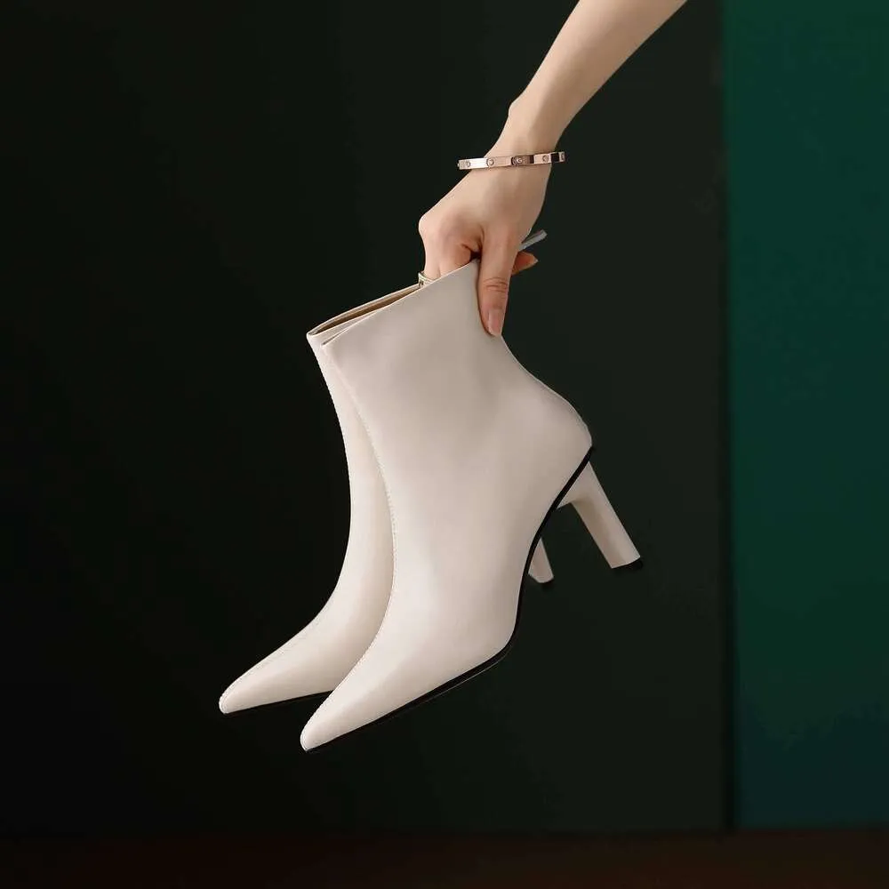 Cow Leather Pointed Toe High Heels Zipper Modern Warm Winter Shoes Concise Fashion Solid Elegant Ankle Boots_voghion.com