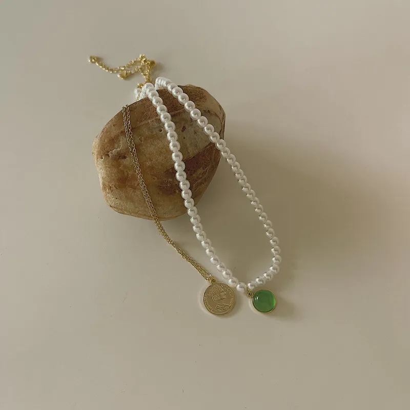 Hängshalsband 2 st/set Guldfärgad Pärla Mynt Grön Opal Halsband För Kvinnor Gotisk Kedja Dubbelskiktad Boho Halsband_voghion.com