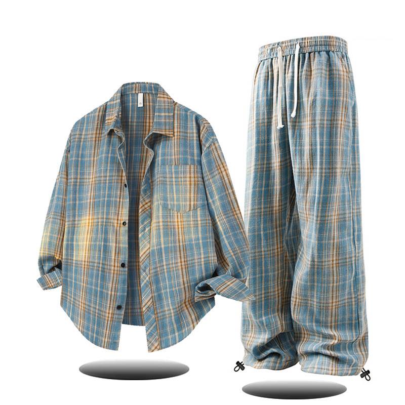 Conjunto de camisa e calça masculina inspirado – calça xadrez de manga comprida com botões e calça casual (roupa de rua retrô para adolescentes e jovens adultos)_voghion.com
