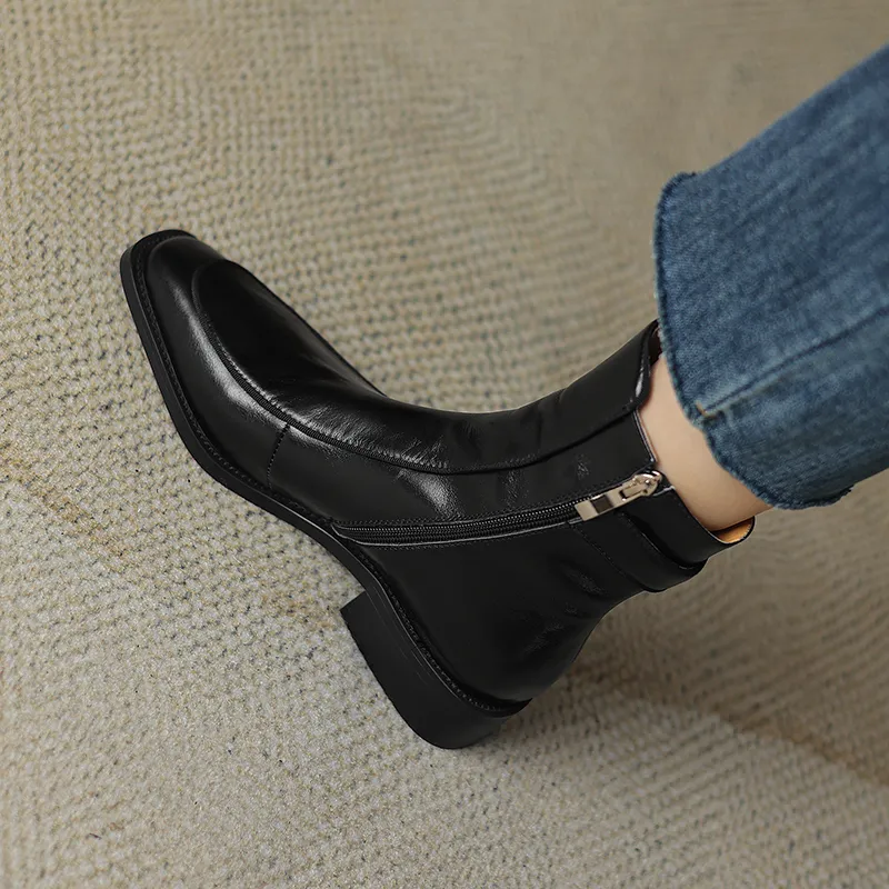 2024 New Autumn Square Toe Low Heel Women Shoes Genuine Brown Ankle Block Retro Leather Boots 3d39_voghion.com