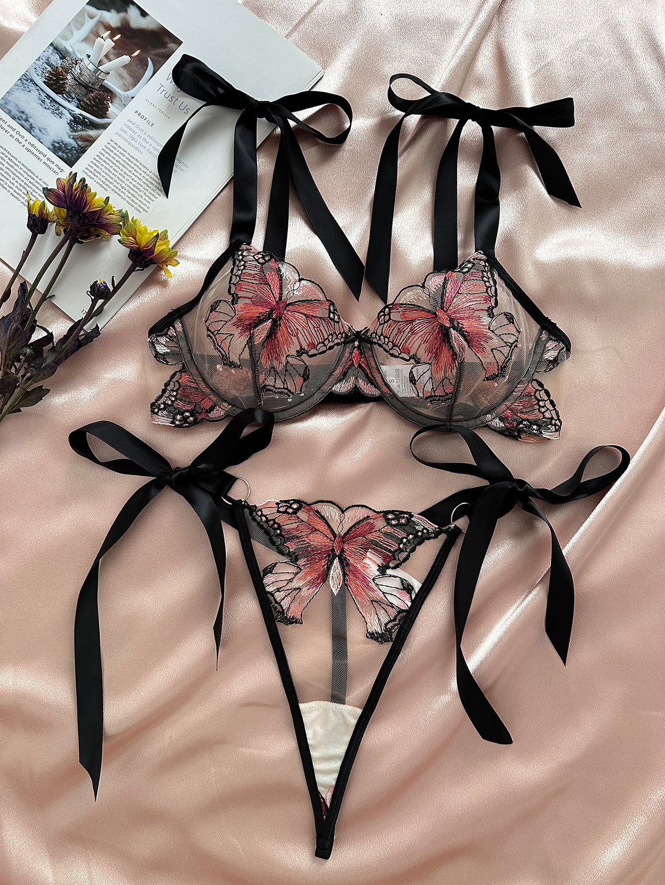 Kajiano's Cross Border Foreign Trade Hot Selling New Butterfly Embroidered Suspender Transparent Mesh Temptation Girl's Emotional Fun Suit_voghion.com