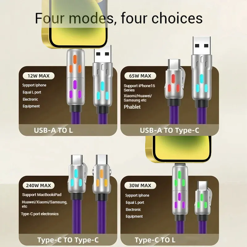 4-In-1 Super Fast Charging With Colorful Breathing Light Type-C Silicone Mobile Phone Data Cable_voghion.com
