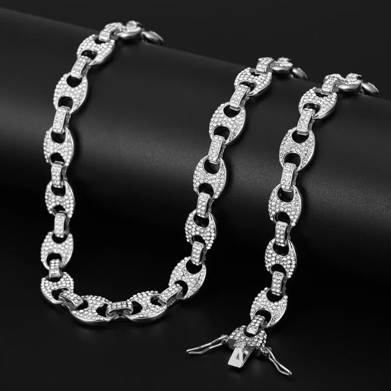 Gargantilla de cadena de eslabones y pulsera con diamantes de imitación y circonita cúbica helada en forma de grano de café brillante para hombre, joyería de estilo hip hop_voghion.com