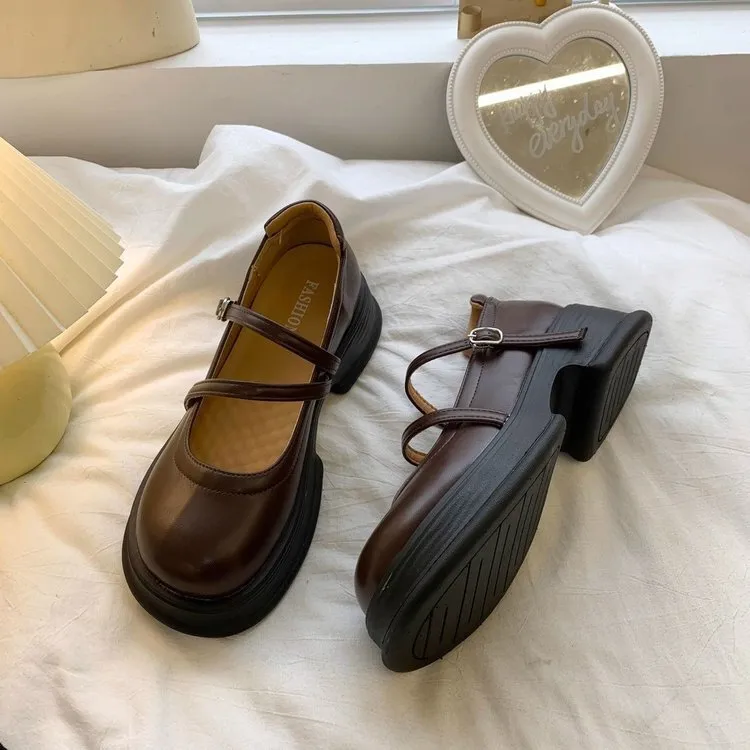 JK Versatile Testa Rotonda Fondo Spesso Piccola Pelle per Donna 2024 Nuovo Stile Britannico Estate Mary Jane Scarpe Singole_voghion.com