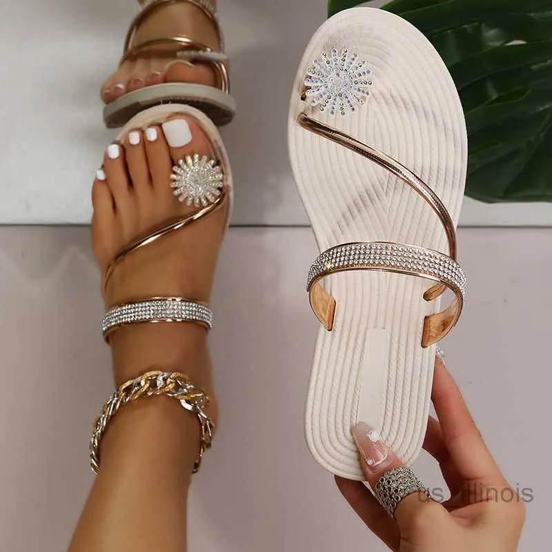 Zapatos de vestir para mujer, sandalias de playa planas con diamantes de imitación y flores, cómodas, con clip en la punta, informales, para verano_voghion.com