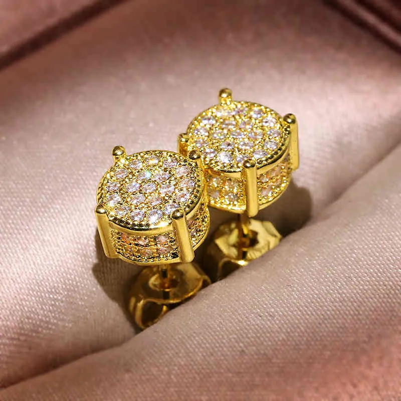 Orecchini a bottone Hip Hop Micro Pave con zirconi bianchi rotondi per uomo e donna, stile rock, oro, brillantini, moda Z4t328_voghion.com