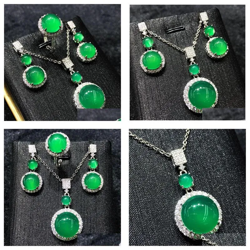 Ensembles de bijoux de mariage faits à la main en jade et diamants, bagues de fiançailles en argent sterling, boucles d'oreilles, collier pour femmes, goutte de mariée_voghion.com