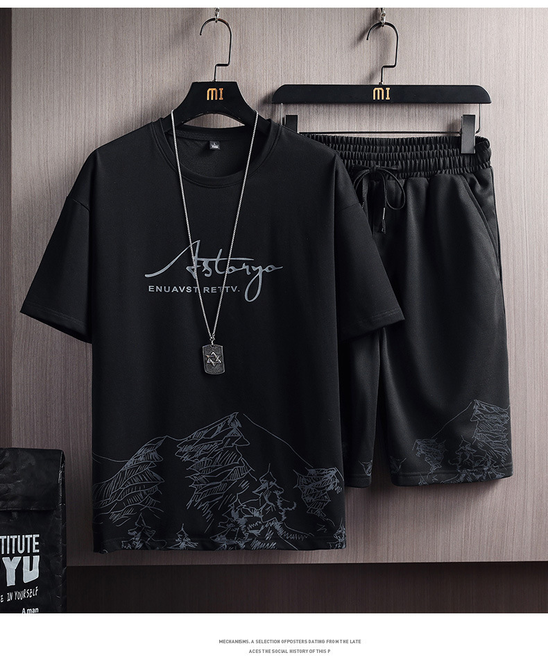 men's summer new snow mountain print fashion trend Korean version of slim fit large size sports two-piece set_voghion.com