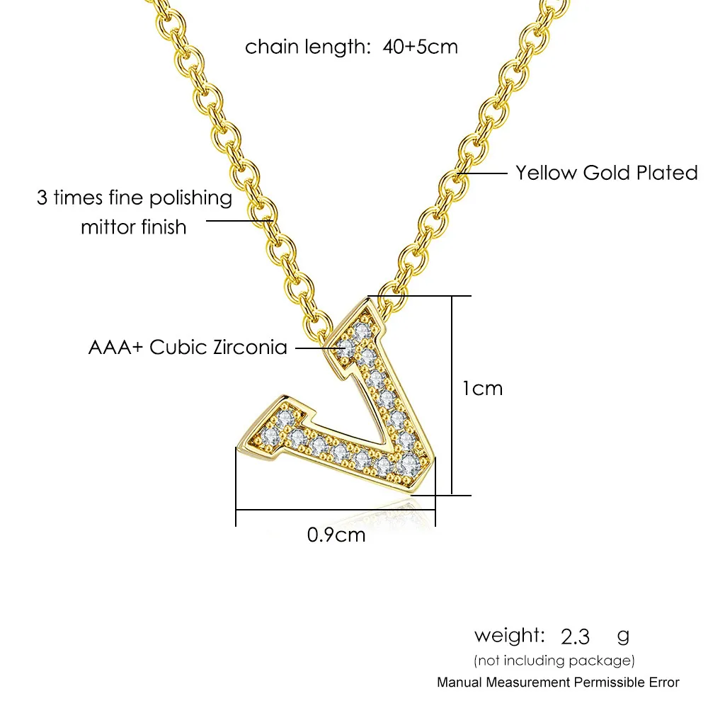 Colar com pingente de letra V de diâmetro completo para mulheres, banhado a ouro 14k, conjunto de cobre com corrente de zircônia_voghion.com