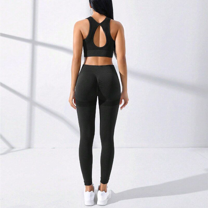 Set de trening de yoga simplu, 2 bucăți, fără cusături, foarte elastic, cu spate încrucișat, colanți cu control al abdomenului și șoldurilor_voghion.com
