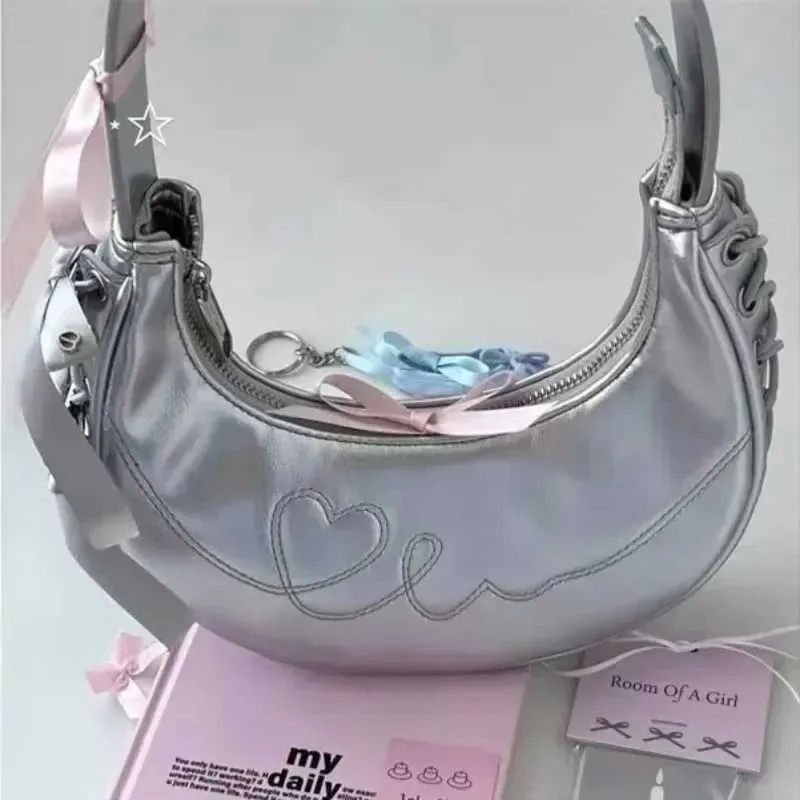 Y2K Vintage Koreanische Sier Schulter Halbmond Kleine Brieftasche Damen Handtasche Unterarm Taschen Geldbörsen Handtaschen WomenC241210_voghion.com