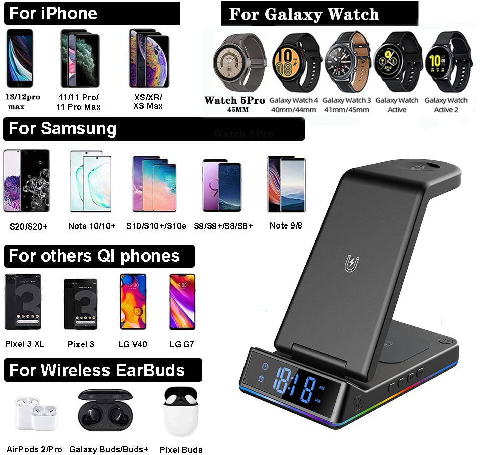 3 in 1 Klappbare kabellose Ladestation für Galaxy Watch 5Pro 4 3 Active 2 Schnellladegerät für Samsung S22/21/20 LTE Buds Pro Live_voghion.com
