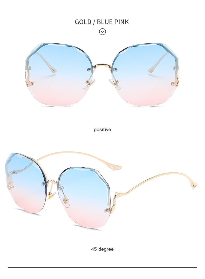 Nuovi occhiali da sole alla moda senza montatura per donna con aste curve in metallo deformato, occhiali da sole con protezione solare ripresi da celebrità di Internet._voghion.com