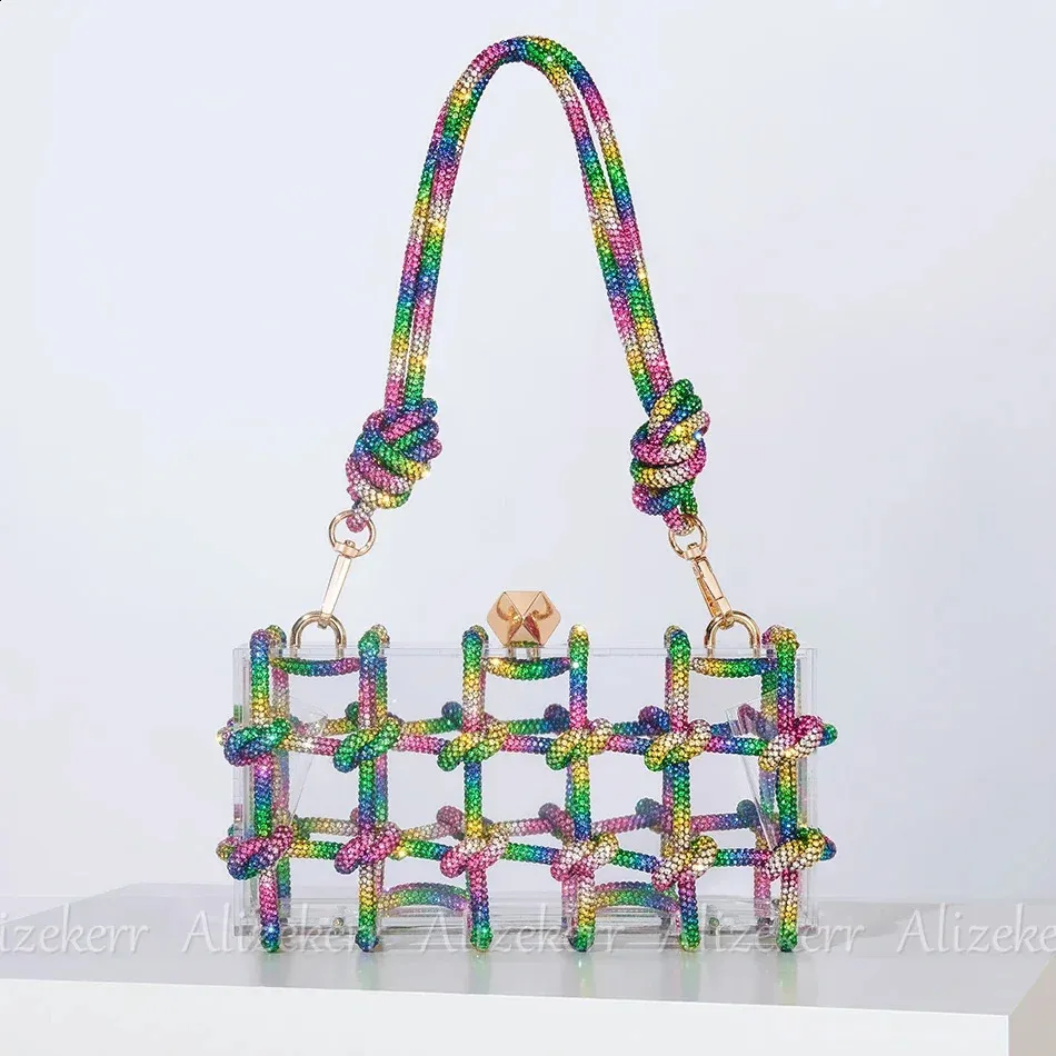 Bolsos de mano de noche con caja de acrílico transparente Dia para mujer, bolsos de mano y carteras de mano con cuerda anudada tejida, para bodas y fiestas_voghion.com