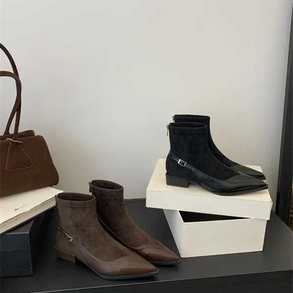 Fashionable Versatile Pointed-Toe Short Boots: Your 2024 Footwear Must-Have In Black And Coffee 9607_voghion.com