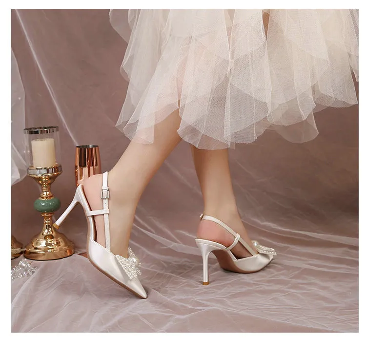 Hochzeit Französisch Frauen 2024 Neue Weiße Brautjungfer Schuhe Bogen High Heels Eleganz Sandalen E336_voghion.com