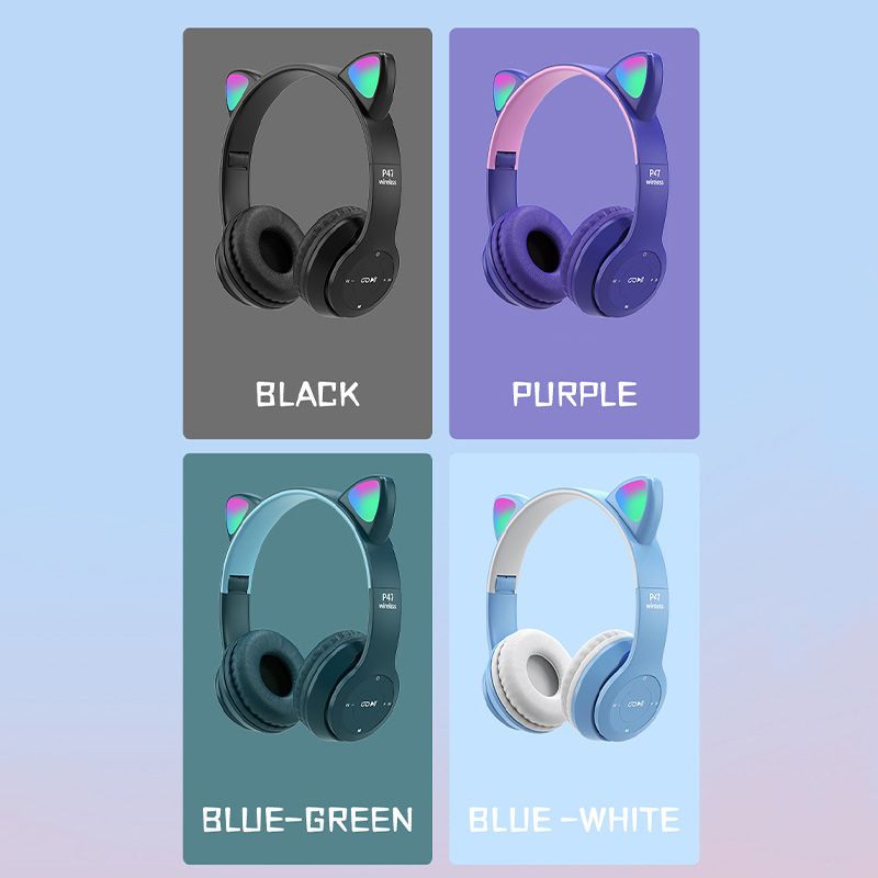 P47M Trådløse Hodetelefoner Blitslys Søte Katteører Telefon Med Mikrofonkontroll LED Stereo Musikk Hjelm Telefon Bluetooth Headset_voghion.com