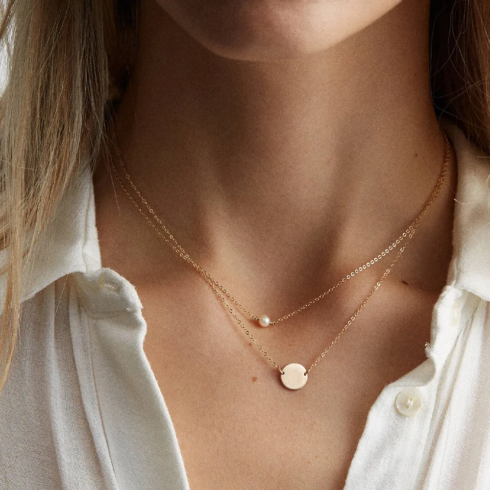 Collane con ciondolo Minar Doppio strato Collana con moneta in metallo con perle simulate per donne Signore 3 stili Catena sottile per tutti i giorni_voghion.com