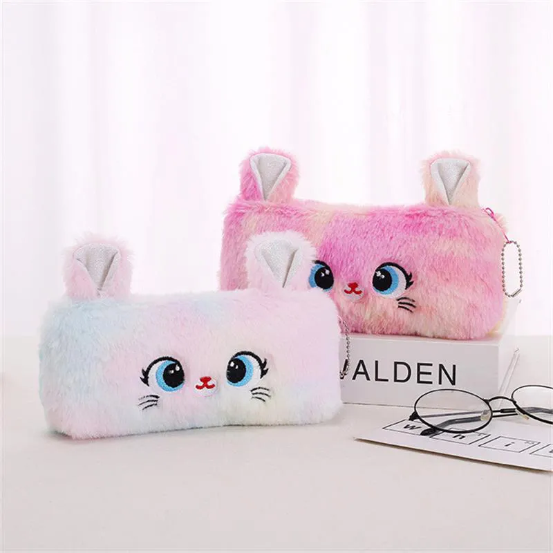 Trousse à crayons grande capacité en peluche avec motif de chat dégradé de couleurs, jolie trousse de rangement pour fournitures de papeterie et pièces de monnaie_voghion.com