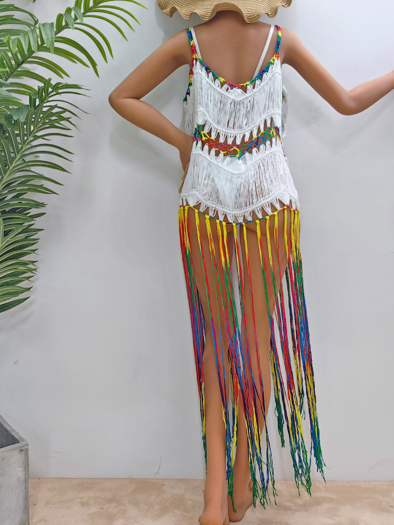 Women's Clothing Women's beach vacation blouse women's clothing pure hand-crocheted dyed tassel skirt random gradient suspender skirt_voghion.com