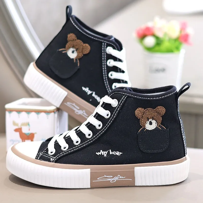 Comemore High-Top Canvas Frau Vulkanisierte Schuhe Wohnungen Casual Espadrilles Für Frauen Frühling Dame Schwarz Weiß Bär Lace Up_voghion.com