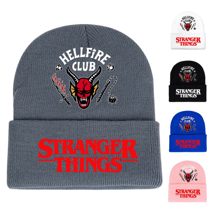 Zhuoxinder Säumen Verdickte Warme Strickmütze Stranger Things 4 Hellfire Club Druck Unisex Beanie Cap Täglich_voghion.com