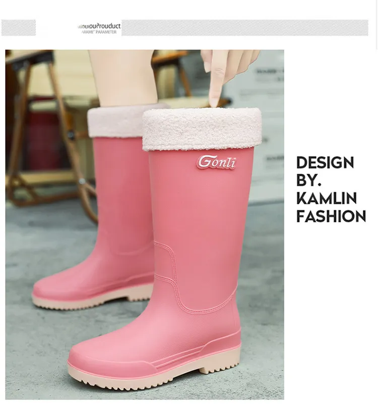 2025 Damen Lange Dicke Sohle Mode Gummistiefel Neue Waterproonti Slip High Tube Regenschuhe Reine Farbe Ruiba X560_voghion.com