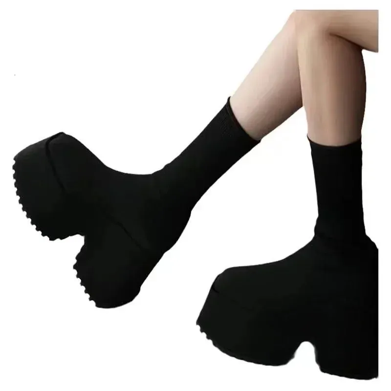 Șosete pantofi casual cu platformă ascunsă pentru femei, toamnă, tricotate, scurte, cizme cu platformă 11cm 241022_voghion.com