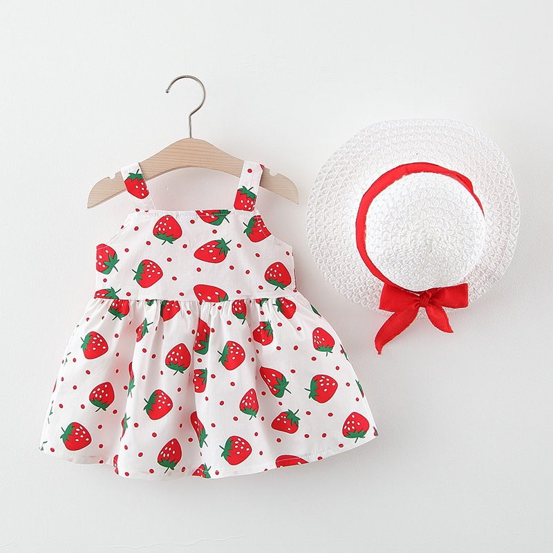Baby Mädchen Kleid für 6-12 Monate Erdbeere Polka Dots Schleife Kleid Sommer Atmungsaktive Baumwolle Kinder Kleidung Senden Hut_voghion.com