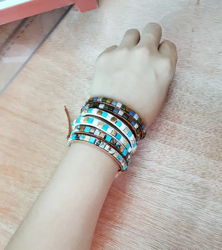 Stone Bead Leather Wrap Bracelet For Women Vintage Style_voghion.com
