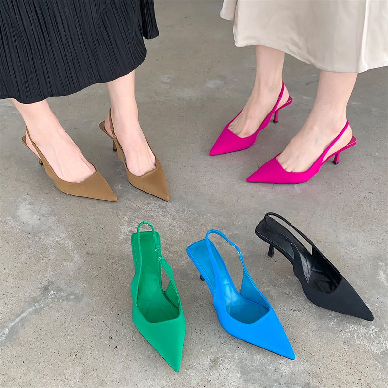 Cost performance  2024 Spring New Pointed Slim Middle Single Back Empty Baotou Sandals High Heel Green Women's Shoes