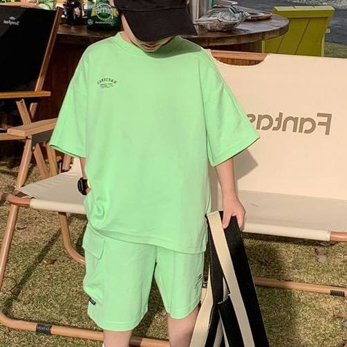 Boys' Summer Sports Suit Solid Color Short Sleeve T-Shirt And Shorts Two-Piece Set Stylish Dopamine_voghion.com