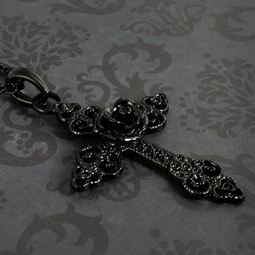 Gothic Black Rose Cutout Cross Pendant Necklace For Men And Women_voghion.com