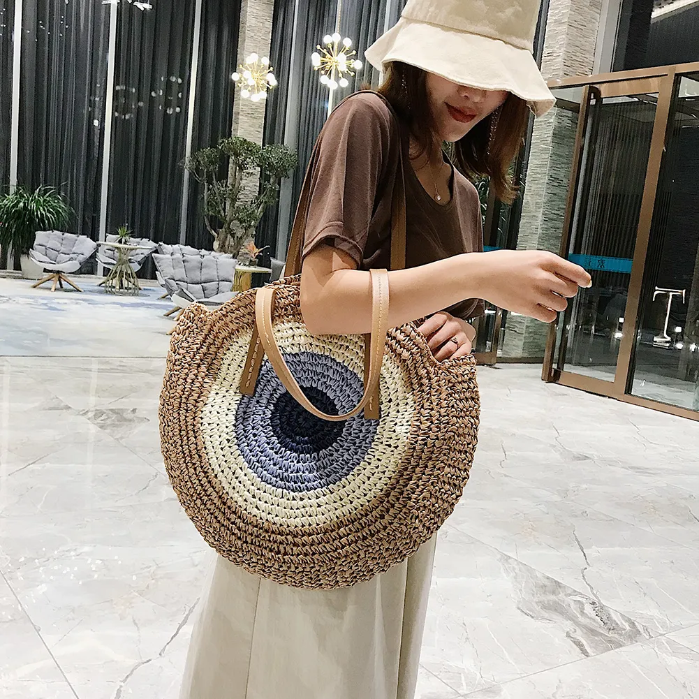 Borsa a tracolla rotonda estiva da donna in rattan intrecciato, in paglia, fatta a mano, da spiaggia, per la spesa, con manico superiore_voghion.com