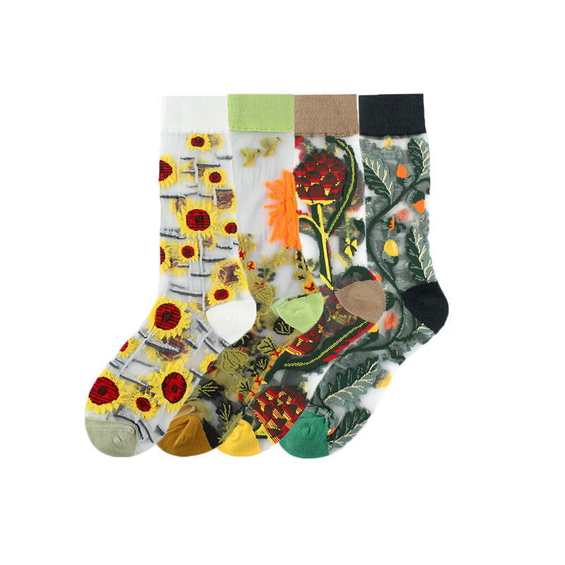 23 Spring/Summer Women's Thin Style Medium Tube Fashion Trendy Wind Flower Dorsen Series Glass Silk Socks_voghion.com