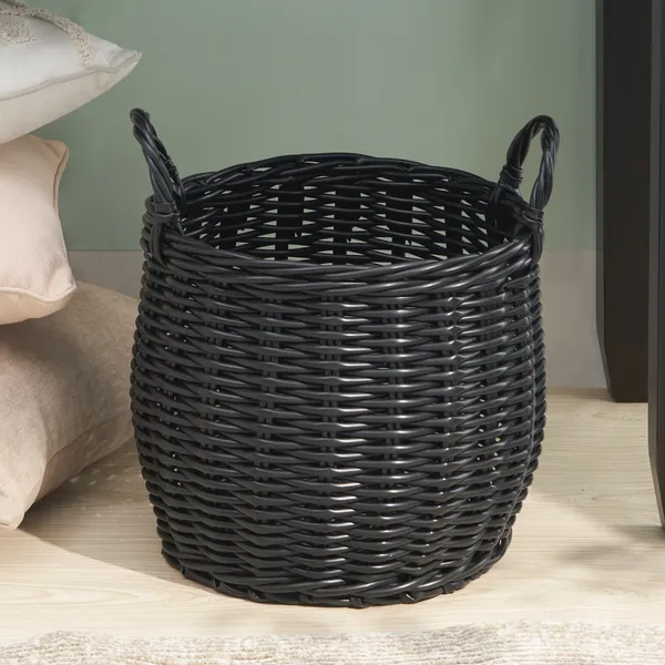 Lucius Round Resin Woven Wicker Basket With Handles - 13' X 13' X 13' - Black - For Clothes, Towels, Toys, Magazines Storage And Home Decoration_voghion.com