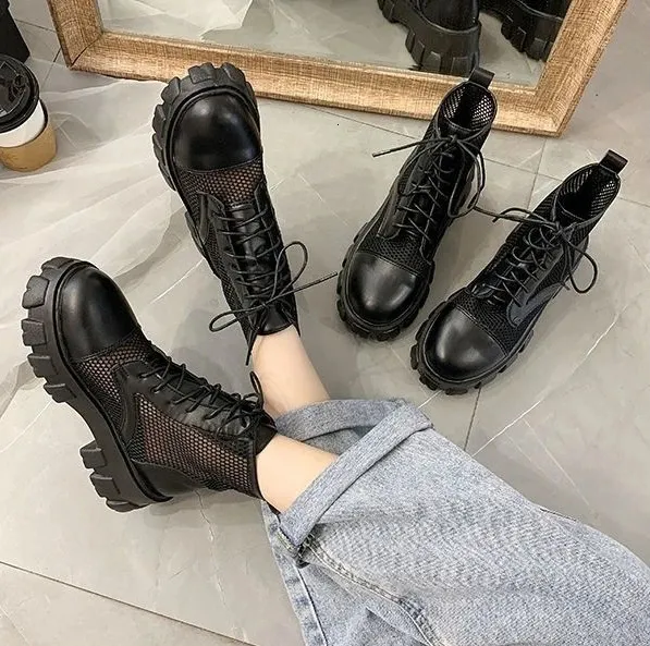Booties Kurze Schuhe für Damen Punk Style Schwarze Biker Schnürschuhe Leder mit Schnürsenkeln Combat Damen Stiefeletten_voghion.com