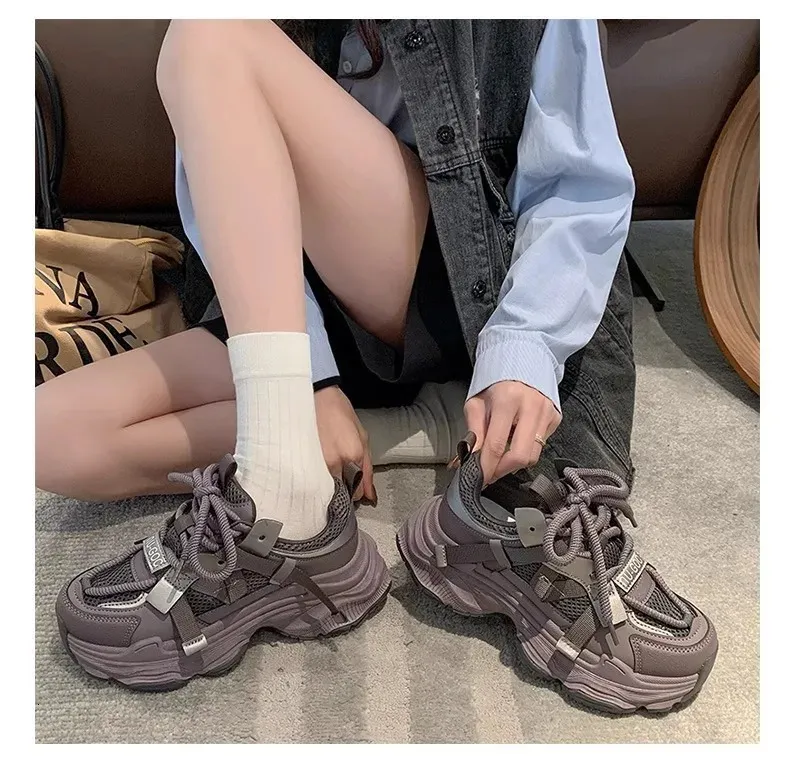 Dames Chunky Sneakers Lente Ademend Mesh Platform Sport Vrouw Mode Veterschoenen Dikke Zool Casual Schoenen Mujer 240618_voghion.com