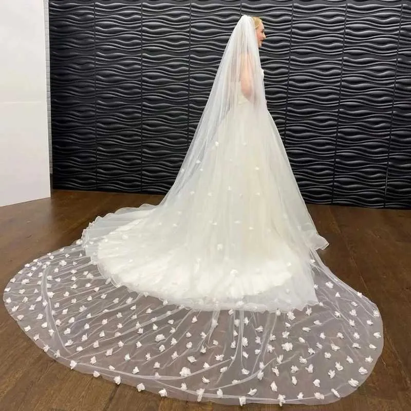 Hair Jewelry Long Cathedral Bridal 3D Flowers 1 Layer Soft Veil With Comb Wedding Accessories For Bride V20_voghion.com
