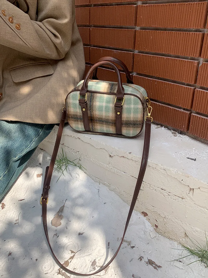 Borsa a tracolla da donna in lana, stile retrò college, stile bowling, stile Joker, stile plaid, stile New Wave_voghion.com