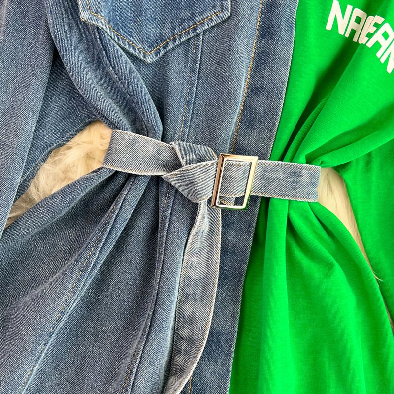 Damenbekleidung Temperament Taille mit Gürtel farblich passendes Denim lässiges mittellanges T-Shirt-Kleid_voghion.com