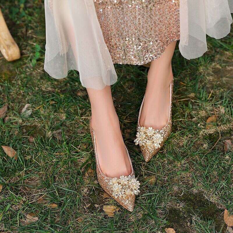 Wedding High Heels,Two Pairs Of Crystal Bridal Shoes,Women's New Champagne Color Rhinestone_voghion.com
