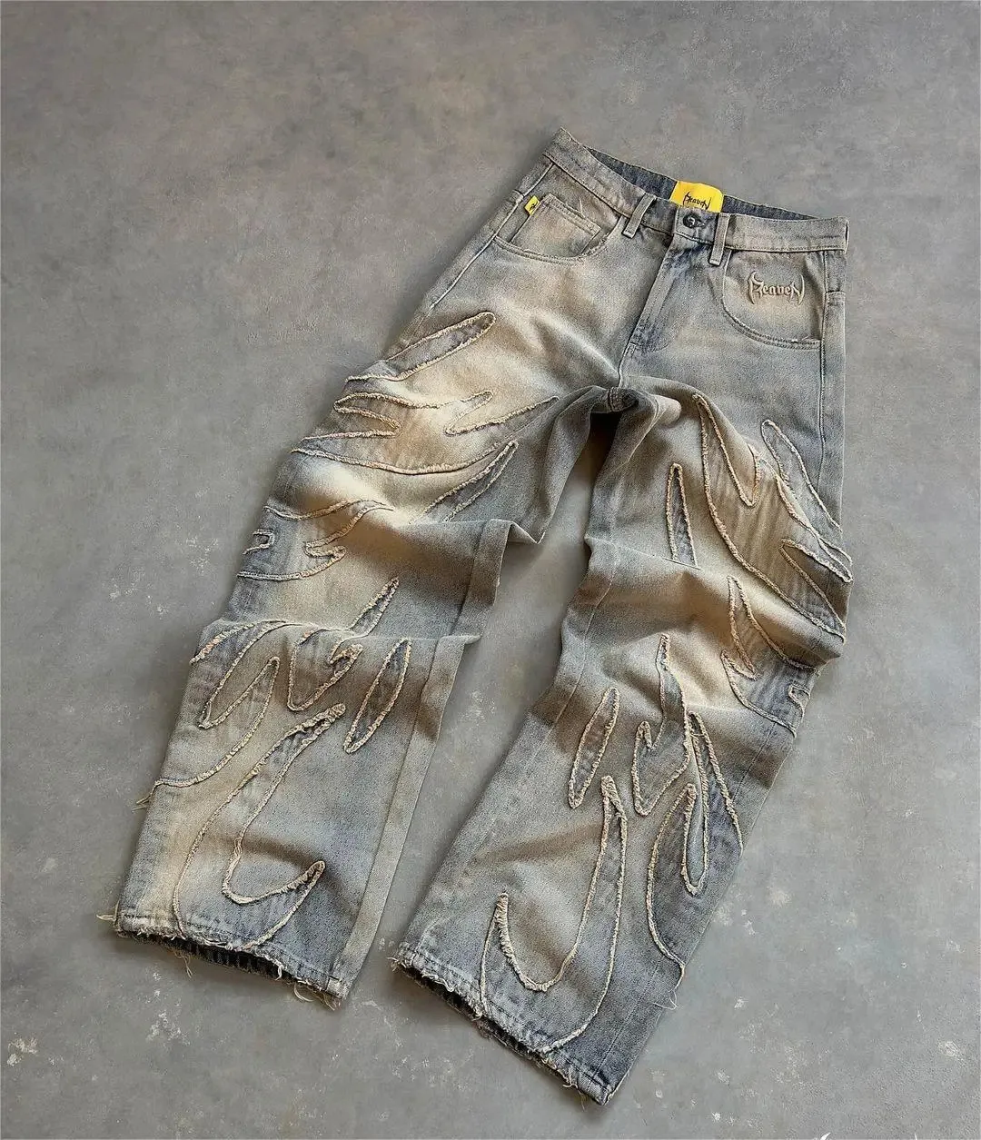 Y2k Retro crne vrećaste traperice za muškarce Hip Hop Punk Raw Edge vez Vintage uzorak Patchwork traperice visokog struka_voghion.com
