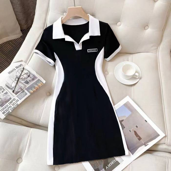 Women's stand-up collar summer versatile slimming and stylish color-blocking design belly-covering fragrant dress